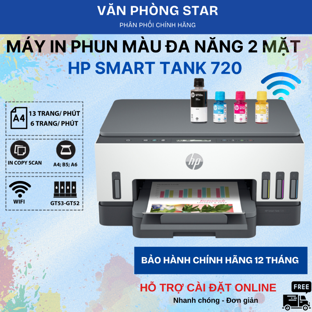 Máy In Phun Màu Đa Năng HP Smart Tank 720 - In Màu Đảo Mặt, In WiFi - Tiết Kiệm Phù Hợp Giáo Viên