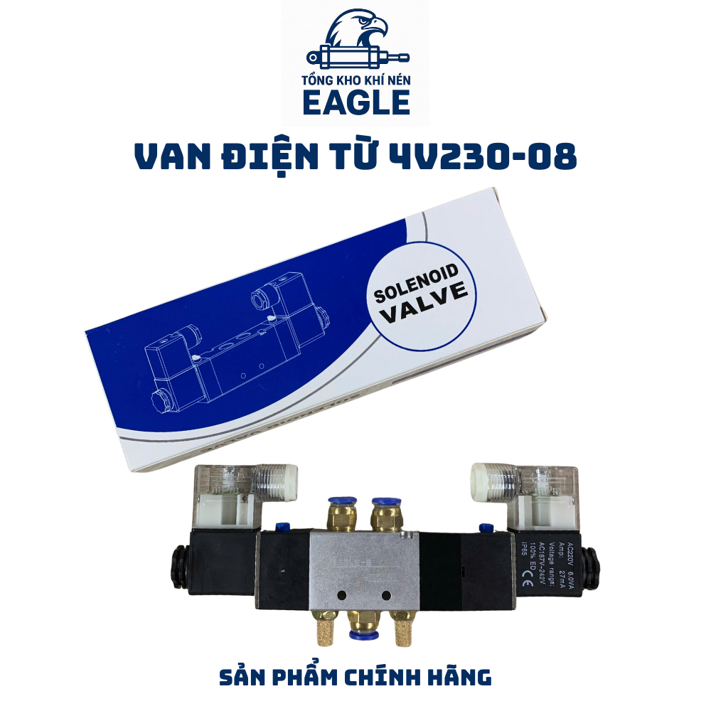 Van Điện Từ 4V230-08 Khí Nén (Van 5/3, 5 cửa, 3 vị trí, Ren 13mm), AC220V / DC24V- Giá Sỉ