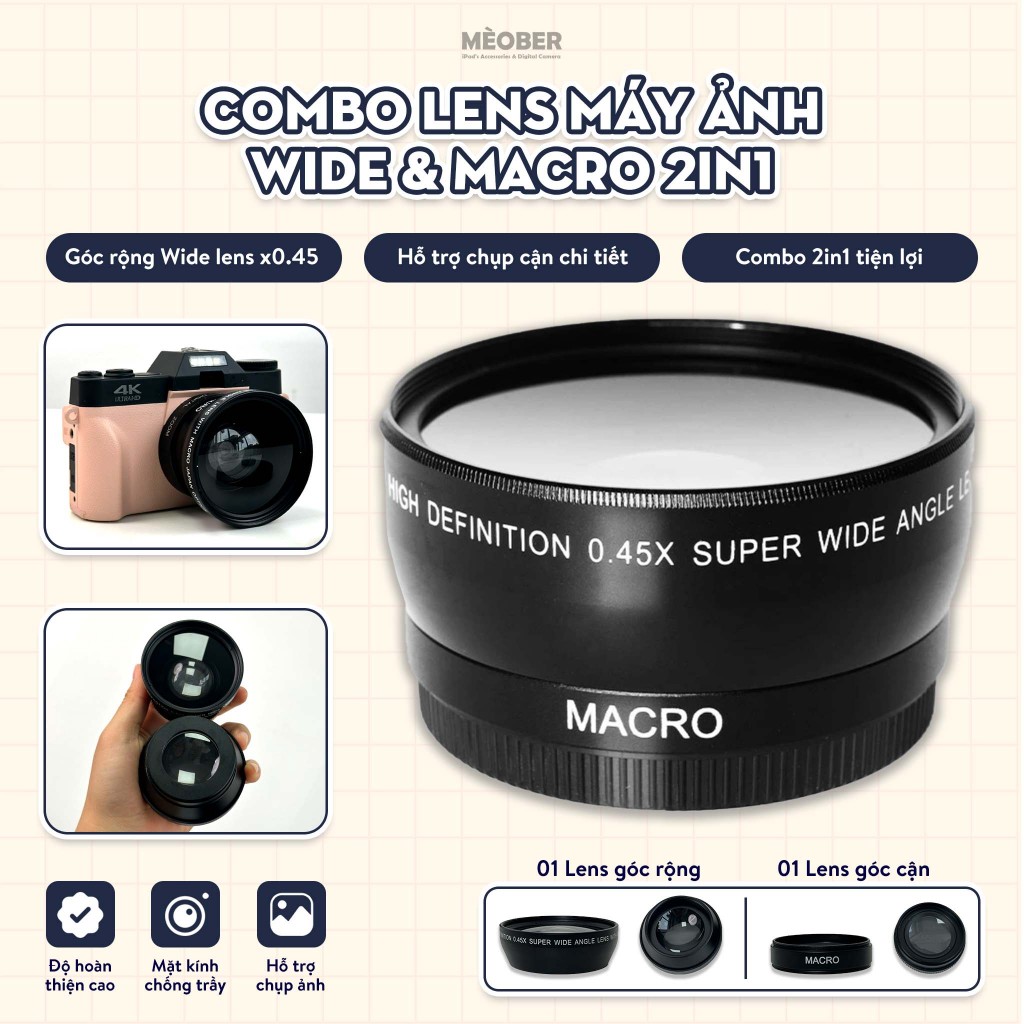Ống kính góc rộng Super Wide Angle 0,45x + Ống kính Macro cho máy ảnh KTS Digital MX10 và Retro 4K b