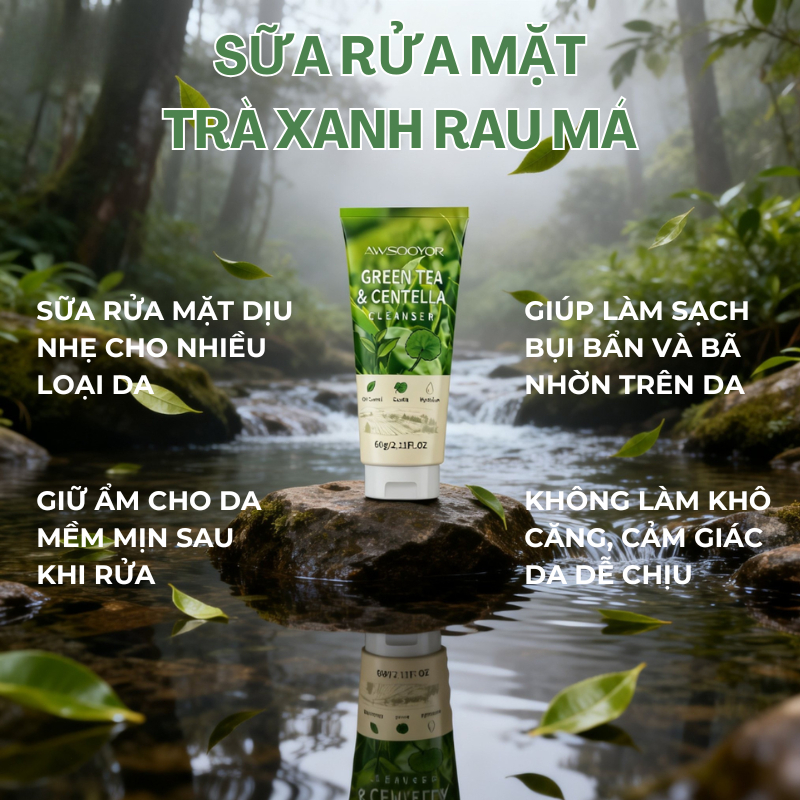 AWSOOYOR Sữa rửa mặt trà xanh rau má làm sạch da mà vẫn êm ái, hỗ trợ giữ ẩm cho da, thích hợp cho cả nam & nữ, 60g