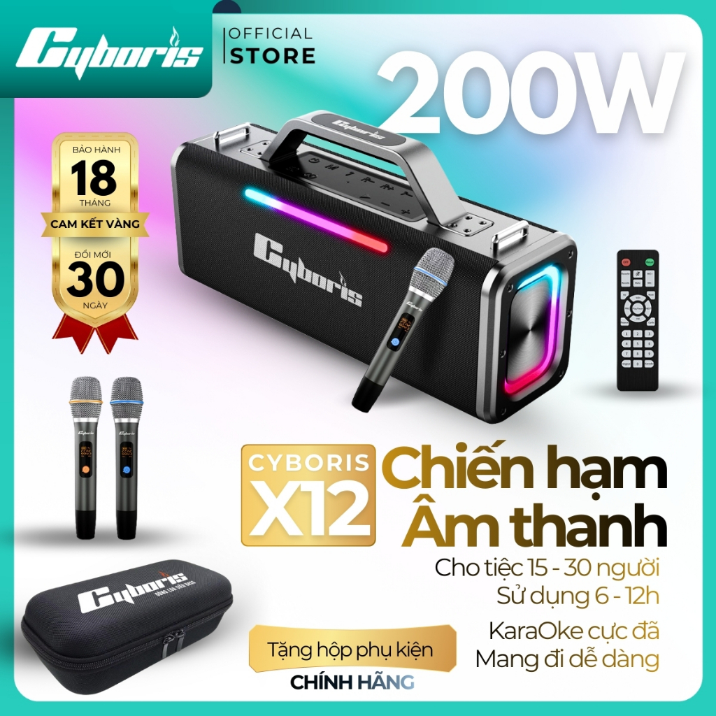 Loa Bluetooth CYBORIS X12 Karaoke 200W (Loa nội địa cao cấp),Pin 18000mAh,Chống nước IPX6,BH 18Th