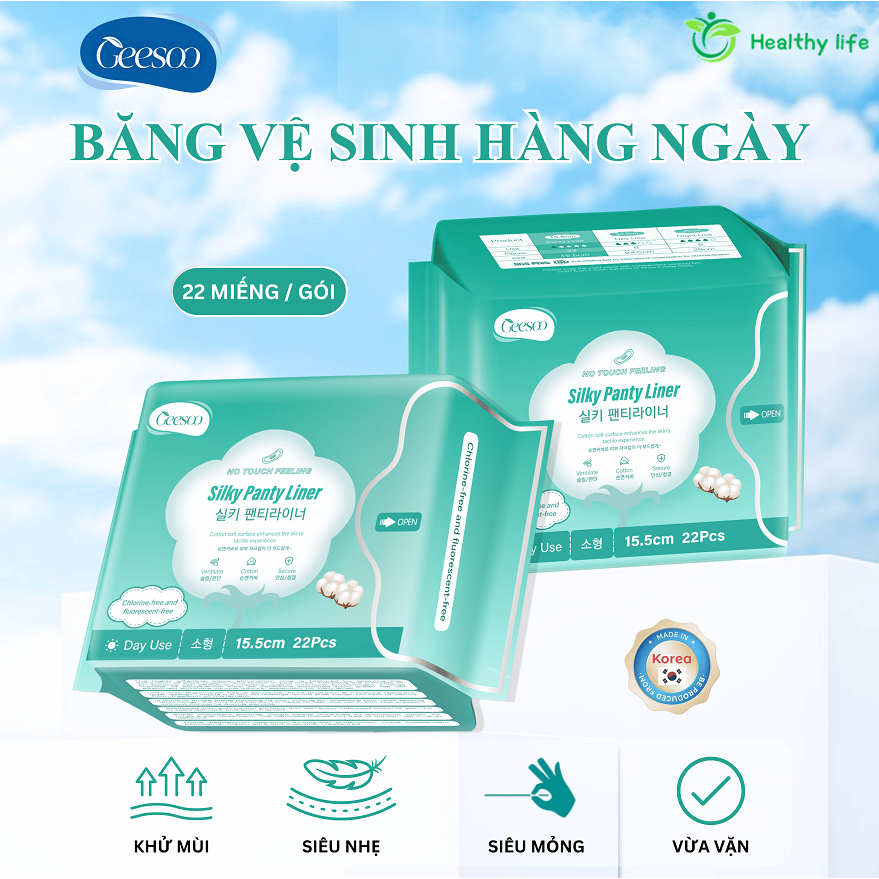 [Combo 2/3/5 gói] Geesoo Băng Vệ Sinh Hằng Ngày Siêu Thấm Khử Mùi 15.5cm/22 Miếng Chip Graphene