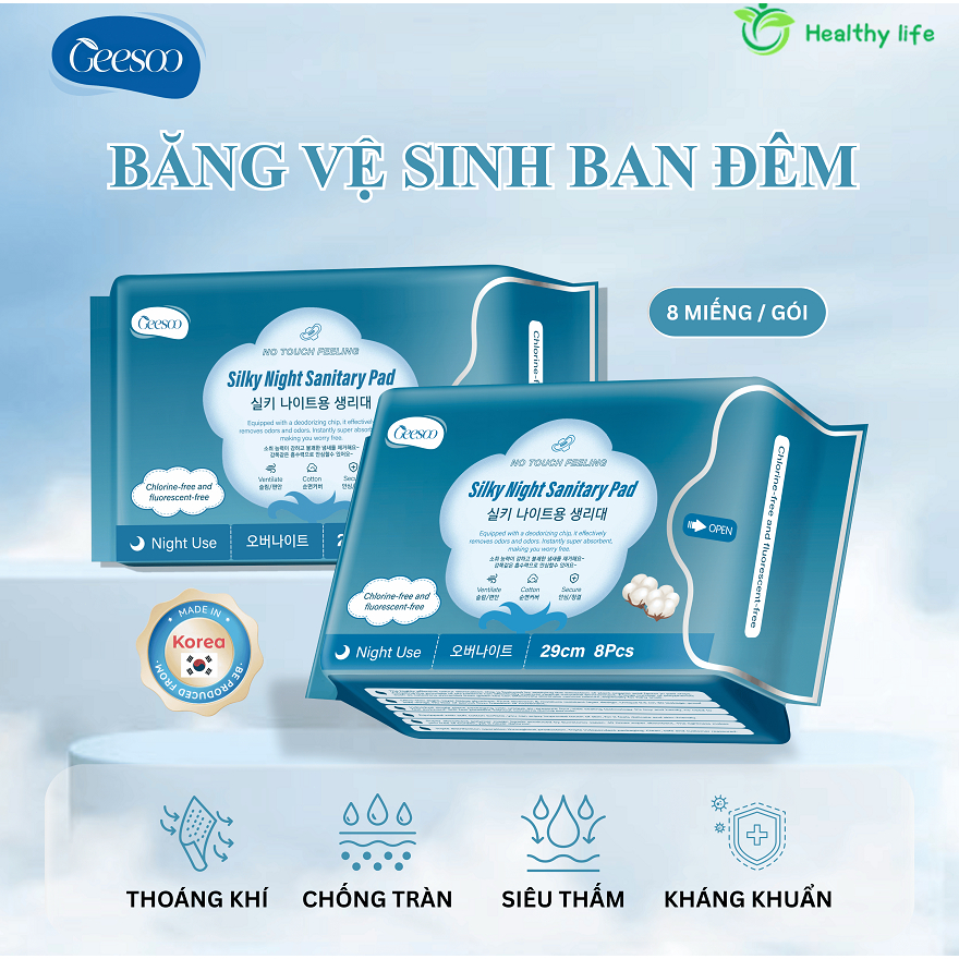 [Combo 2/3/5 gói] Geesoo Băng Vệ Sinh Ban Đêm Có Cánh 29cm (8 Miếng) Siêu Thấm Hút Chống Tràn Tối Đa