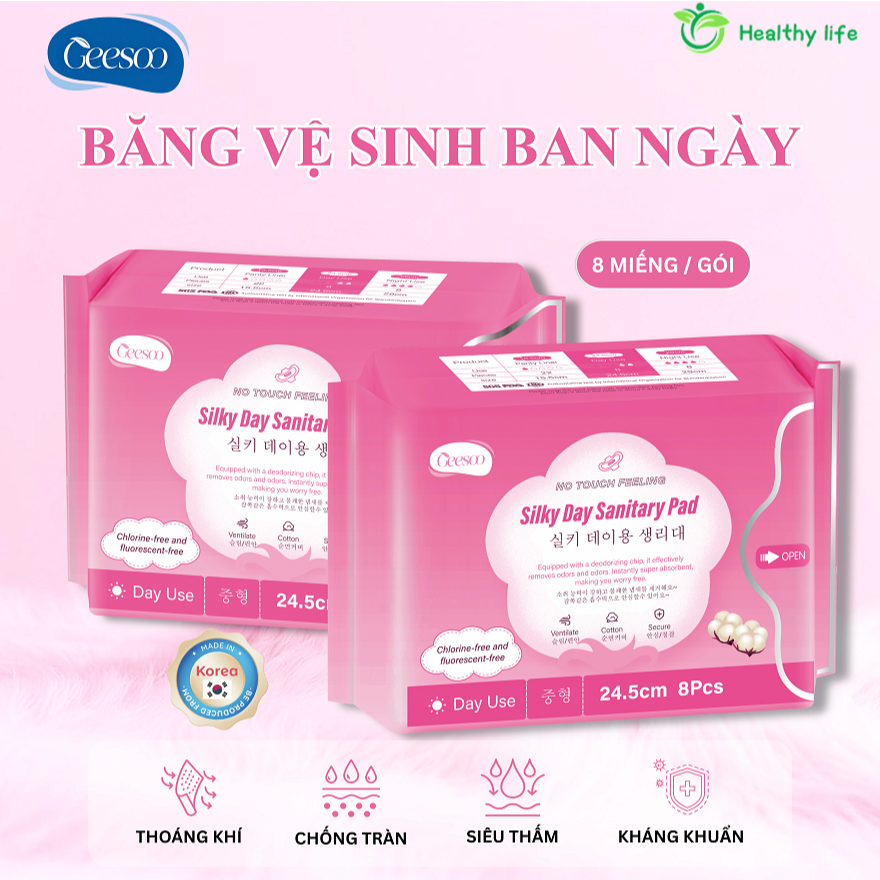 [Combo 2/3/5 gói] Geesoo Băng Vệ Sinh Ban Ngày Có Cánh 24.5cm (8 miếng) Siêu Thấm Hút Thoáng Khí