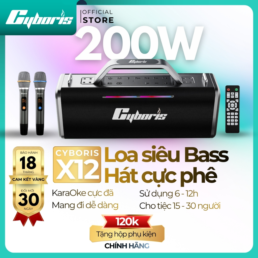 Loa Karaoke Cyboris X12 (Đỉnh cao Karaoke di động),Công suất 200W,Loa siêu Bass. Pin 18000mAh,PX6.