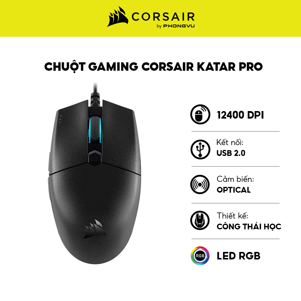 Chuột Gaming Corsair Katar Pro CH-930C011-AP – Siêu Nhẹ 69g, 12400 DPI Pixart, RGB – Bh 24 Tháng