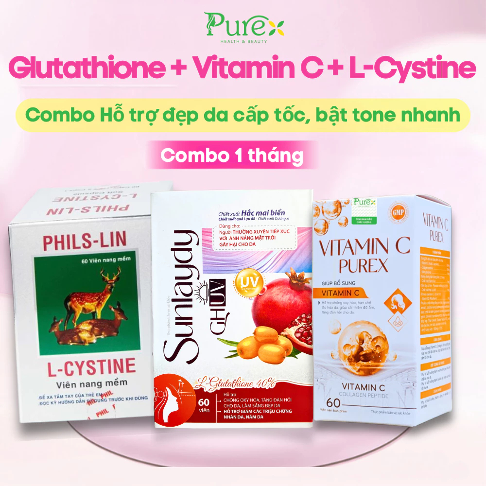 Combo trắng da L cystine Vitamin C Purex Glutathione Đẹp Da Mờ Thâm Mờ Nám Mờ Sạm