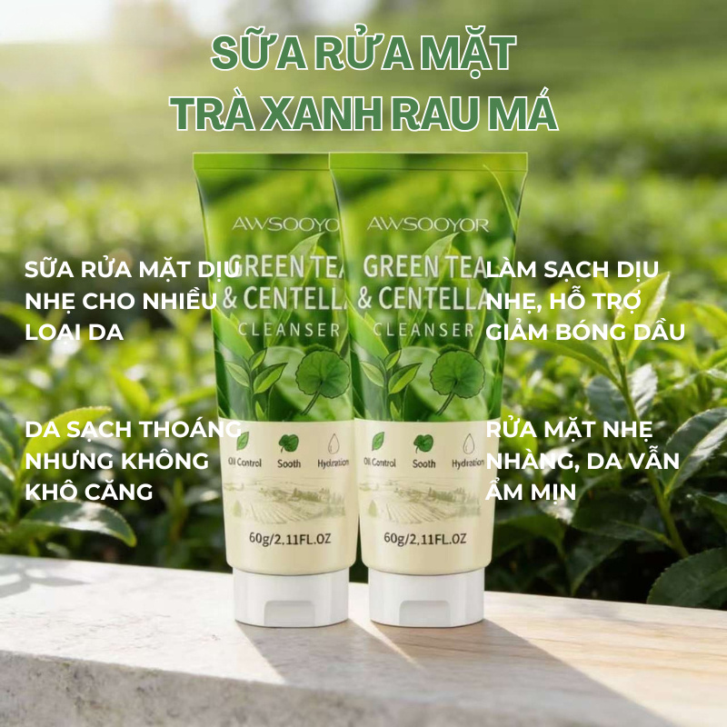 AWSOOYOR Sữa rửa mặt trà xanh rau má rửa mặt dịu nhẹ, da vẫn ẩm mịn sau khi rửa, thích hợp cho cả nam & nữ, 60g
