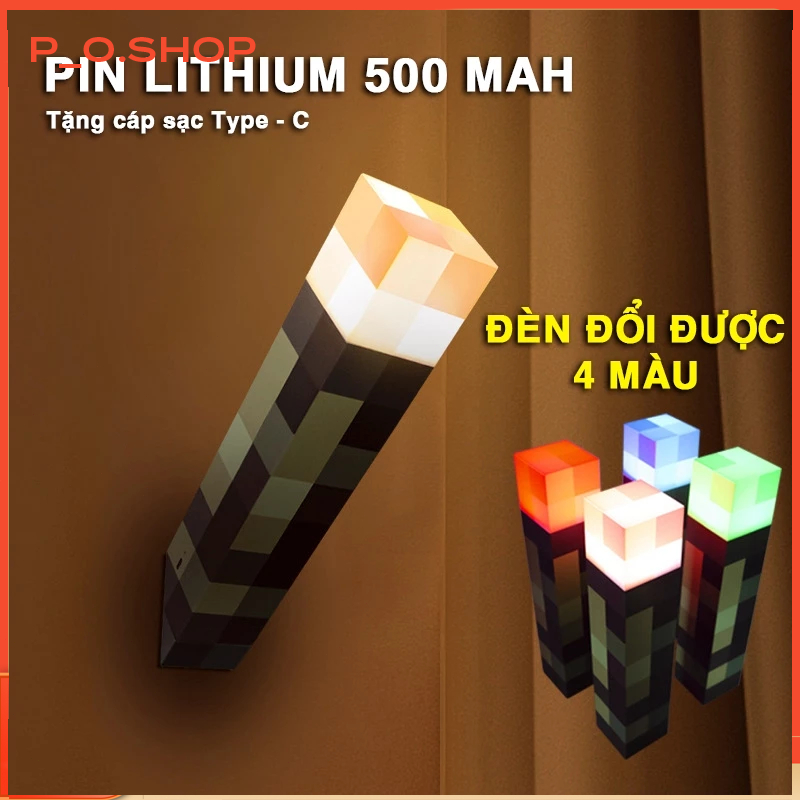 【🔥Rẻ】Đèn Minecraft đuốc treo tường & cầm tay sạc pin, đèn ngủ, đèn decor phòng