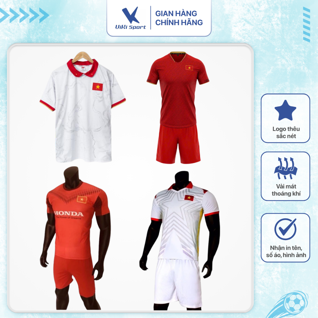 Bộ quần áo đá bóng đội tuyển Việt Nam thấm hút mồ hôi tốt, co giãn thoáng mát | ViKi Sport