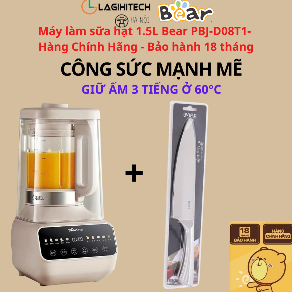 Máy làm sữa hạt Bear PBJ-D08T1 1.5L, Xay nấu nhuyễn mịn, hoạt động êm ái - Bảo hành 18 Tháng  - Chín