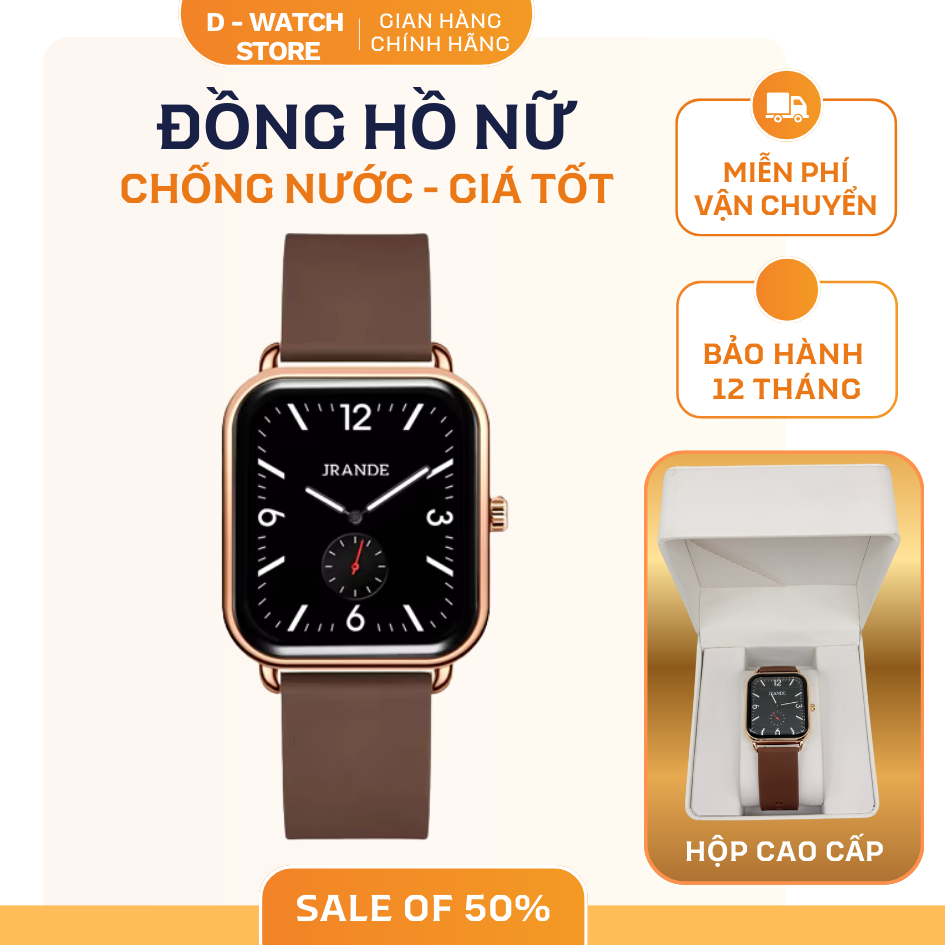 [SALE CUỐI NĂM] Đồng hồ đeo tay nữ JRANDE mặt vuông – Dây silicon, chống nước