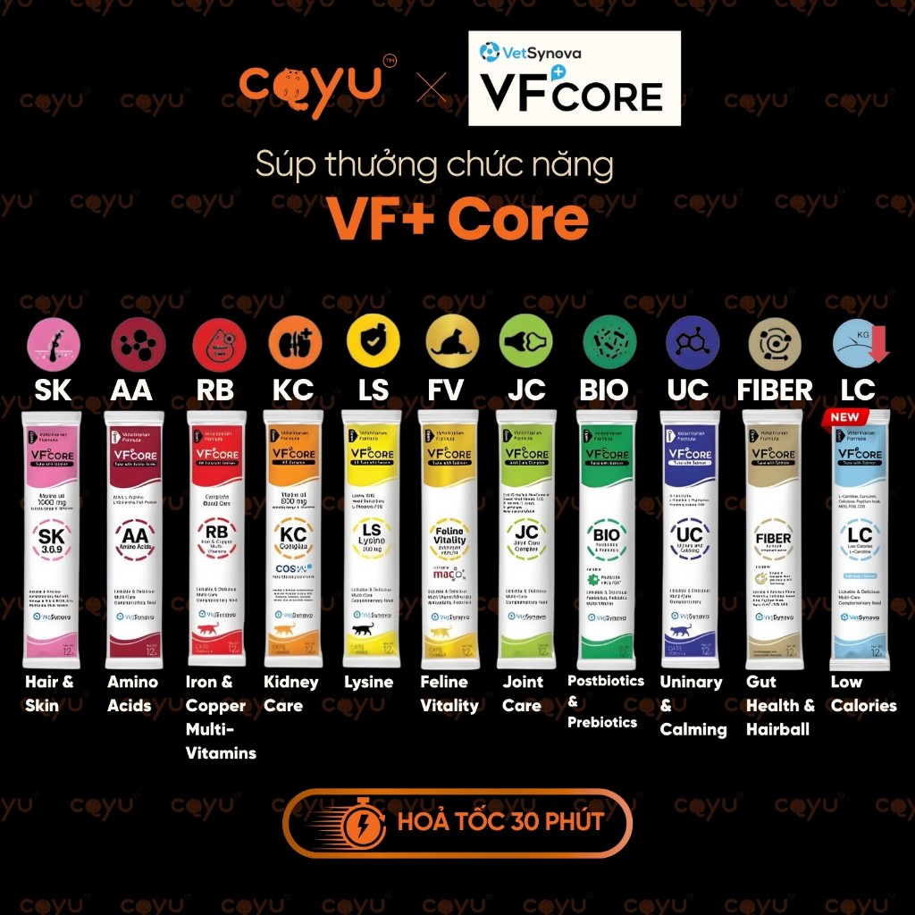 Vetsynova - VF+ Core - Súp Thưởng Chức Năng VF Core - SK AA RB KC LS Feline JC BIO UC FIBER - Coyu