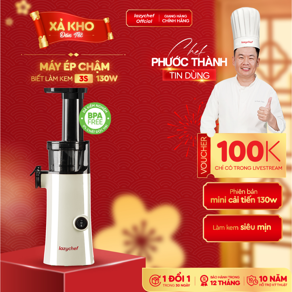 Máy Ép Chậm Lazychef mini 130W  - Máy Ép Trái Cây, Máy Làm Kem Hoa Quả Tặng Túi Vải Lazychef
