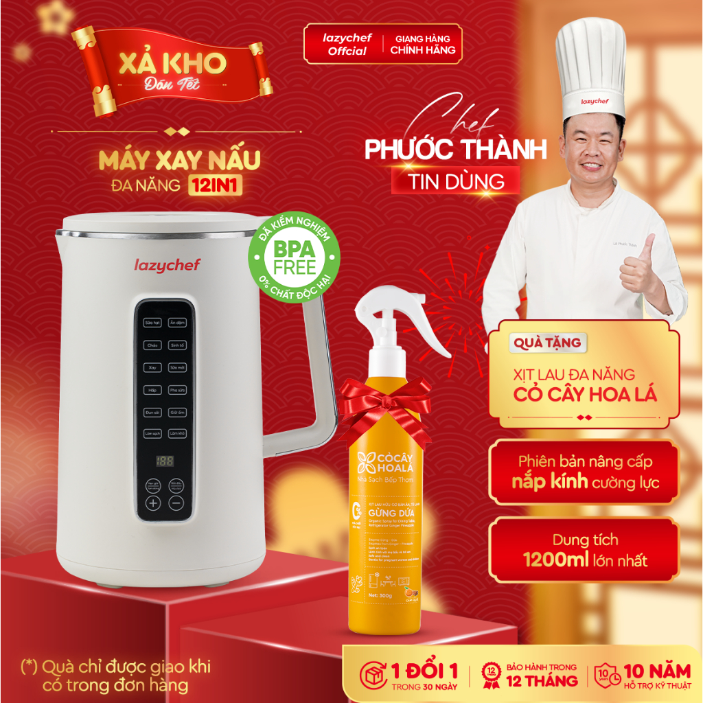 Máy Xay Nấu Đa Năng 12 Chức Năng Lazychef - Máy Làm Sữa Hạt, Máy Xay Sinh Tố, dung tích 1200ml