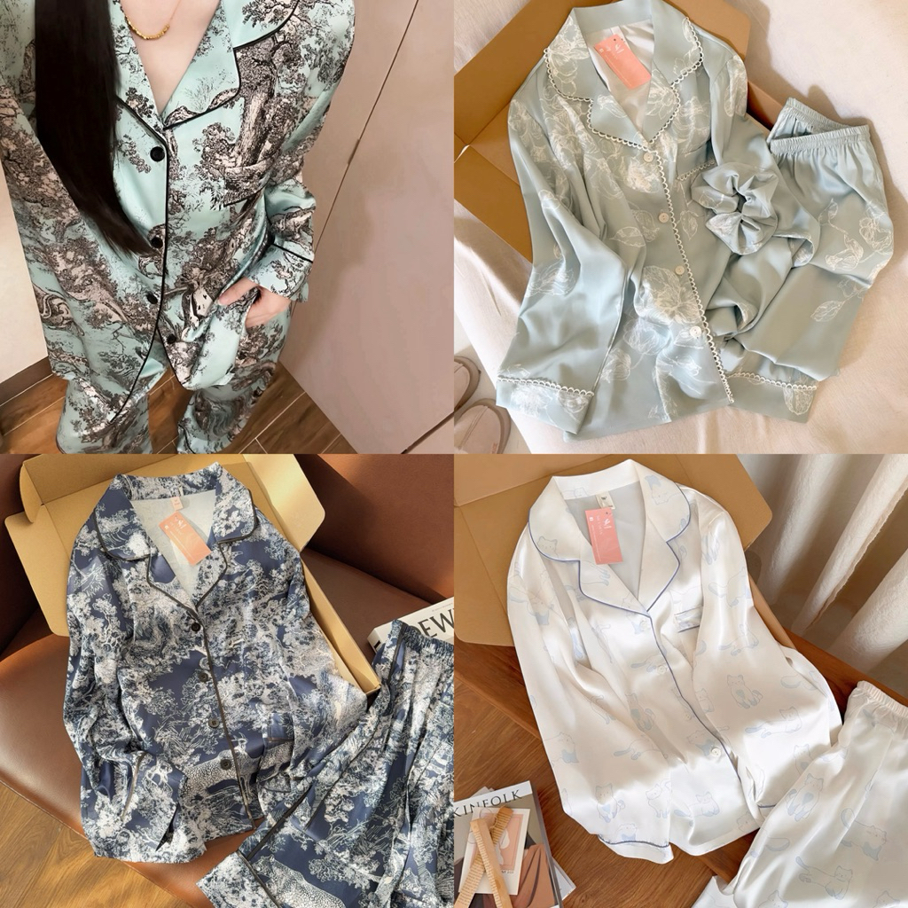 ĐỒ NGỦ PIJAMA NỮ LỤA SATIN CAO CẤP TAY DÀI QUẦN DÀI TONE ĐEN GHI CAO CẤP MEY TRẦN