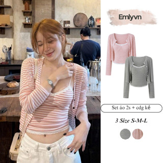 EMLYvn - Set Áo 2s Kèm Cardigan Mỏng Kẻ Hồng Nữ Tính, Áo Cadigan kẻ Co Giãn 4 Chiều Siêu Xinh, Dễ Thương