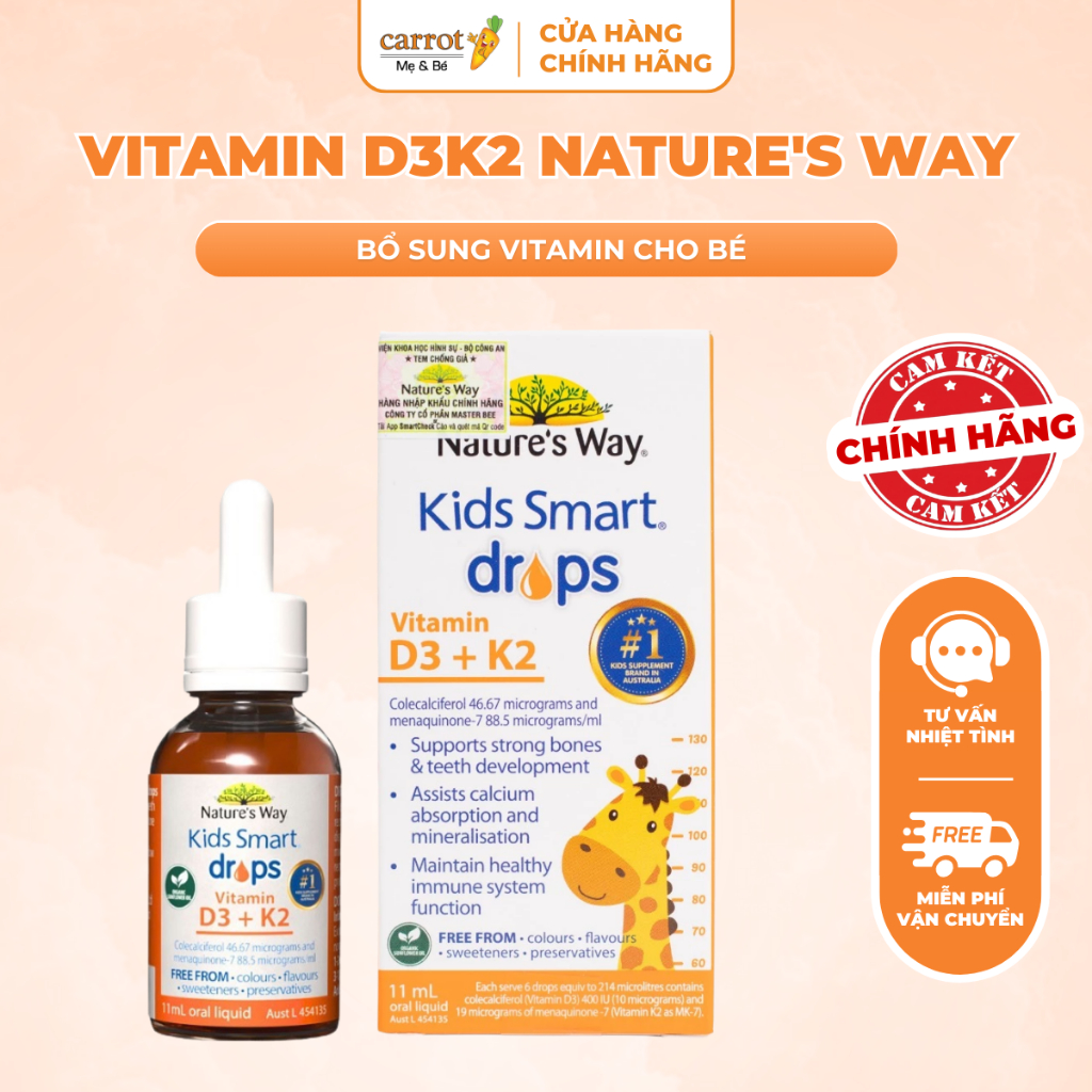 D3K2 Organic Nature's Way Kids Smart Drops Vitamin D3 + K2 Giúp Trẻ Cao Lớn, Khoẻ Mạnh