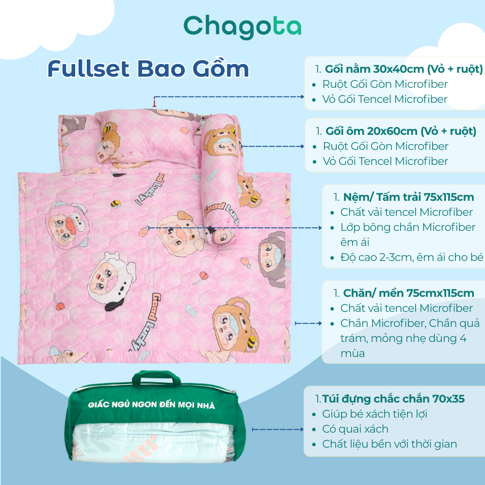 Bộ Chăn Nệm Cho Bé Đi Học Tencel Microfiber size 75x115cm Chagota Bedding Nhỏ Gọn Gấp Gọn Tiện Lợi Kèm Túi Tiện Lợi | BigBuy360 - bigbuy360.vn