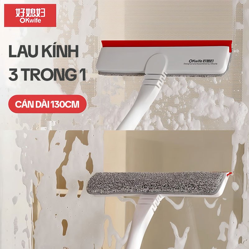 Cây Lau Kính Thông Minh OKwife HD-7309, Chổi Gạt Kính Lau Kính Đa Năng 3 Trong 1, Cán Dài 130cm