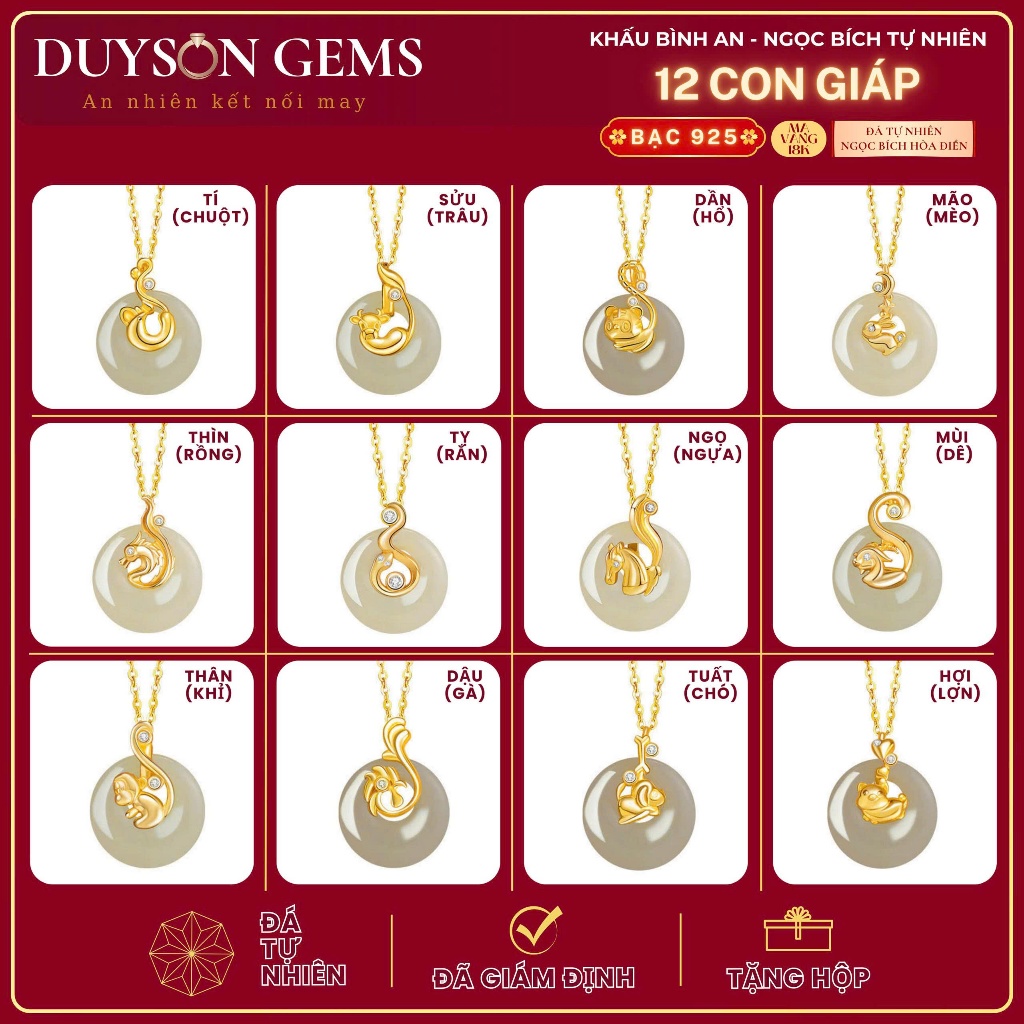 Dây chuyền 12 con giáp bạc 925 mạ vàng 18k Mix đồng điếu khấu bình an Ngọc bích Hòa Điền Duyson Gems | BigBuy360 - bigbuy360.vn