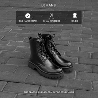 Giày Chunky Combat Boots nam LEMANS màu Đen - Da bò - Đế cao su thơm 5cm, Bảo hành 24 tháng
