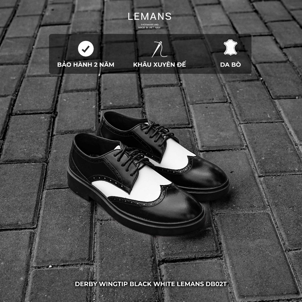Giày nam Derby Wingtip LEMANS Black White - Da bò - Đế cao su thơm cao 4cm - Bảo hành 24 tháng