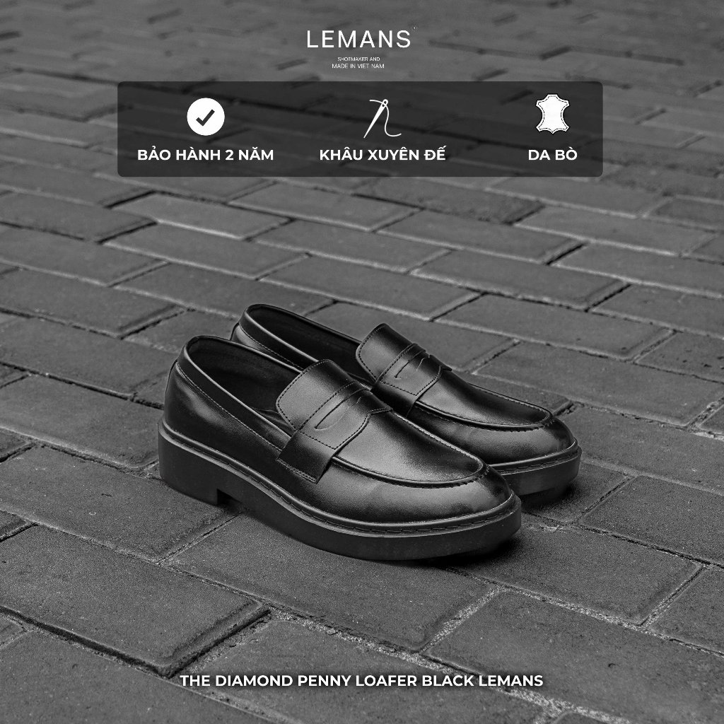 Giày da bò Penny Loafer LEMANS nam màu đen PL01D.1 - đế thơm tăng cao 4cm, Bảo hành 24 tháng