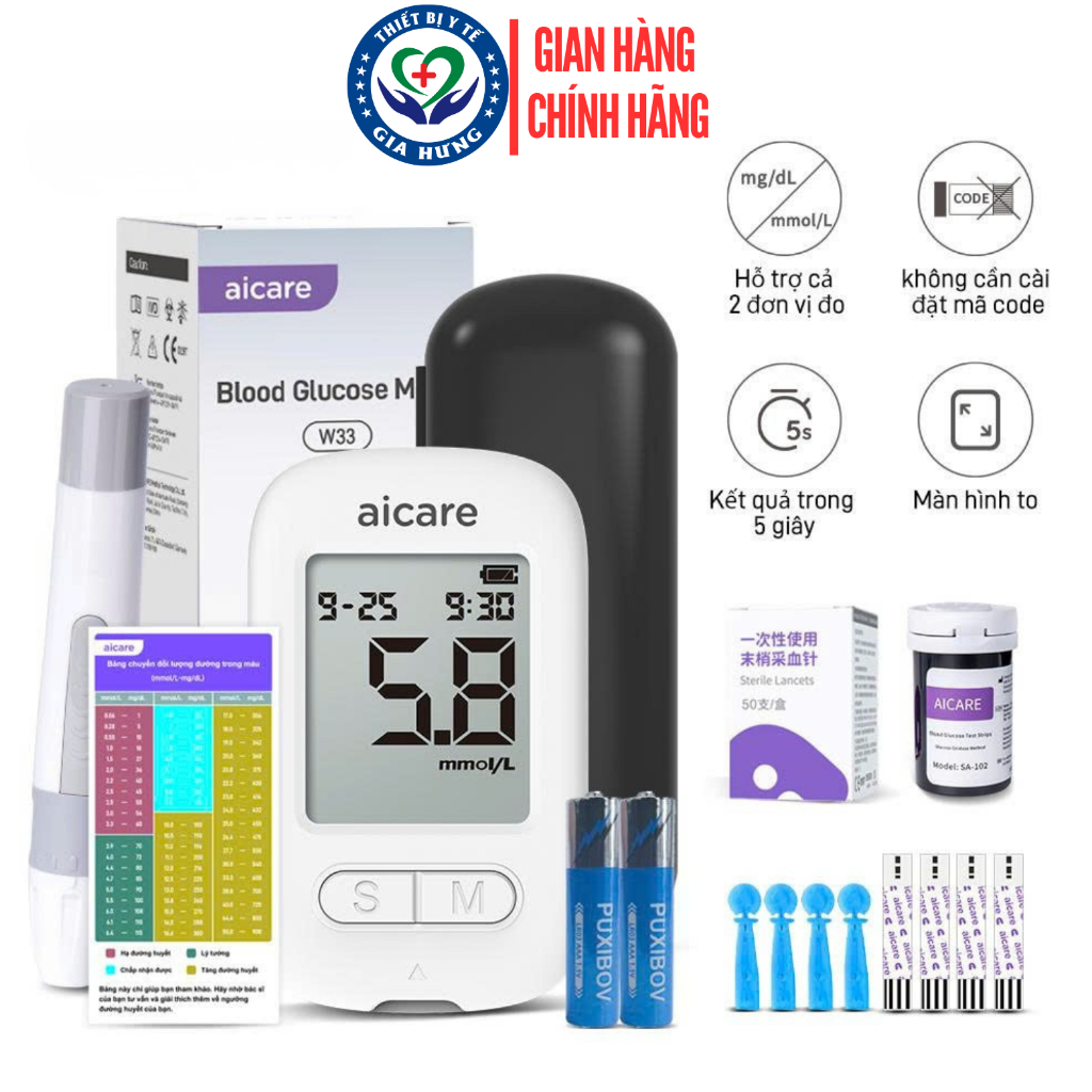 Máy đo đường huyết AICARE W33 Hàng Chính Hãng, tặng bút chích máu và 25 Que + 25 Kim