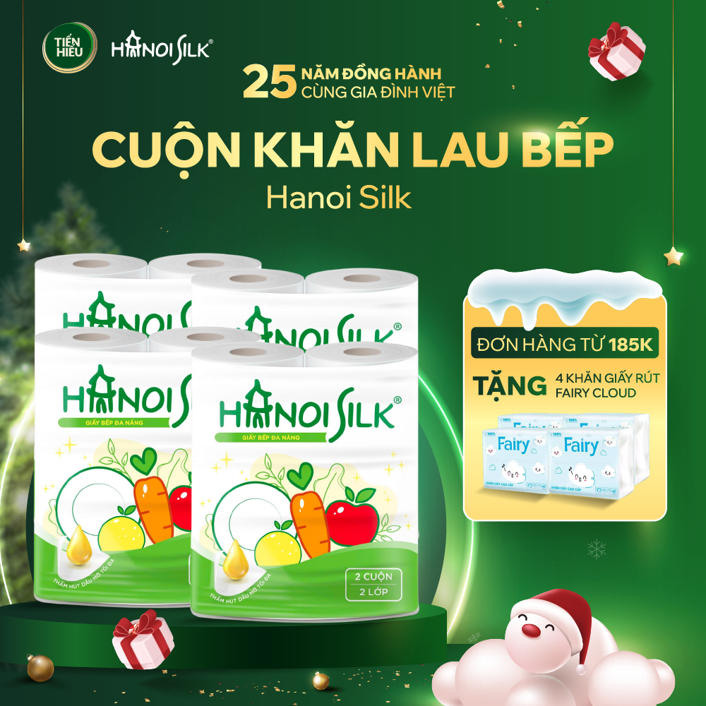 (Bao Bì Mới) COMBO Khăn Giấy Lau Bếp Đa Năng Hanoi Silk Dày Dai Thấm Hút Tốt Làm Sạch Dầu Mỡ 2 Cuộn/