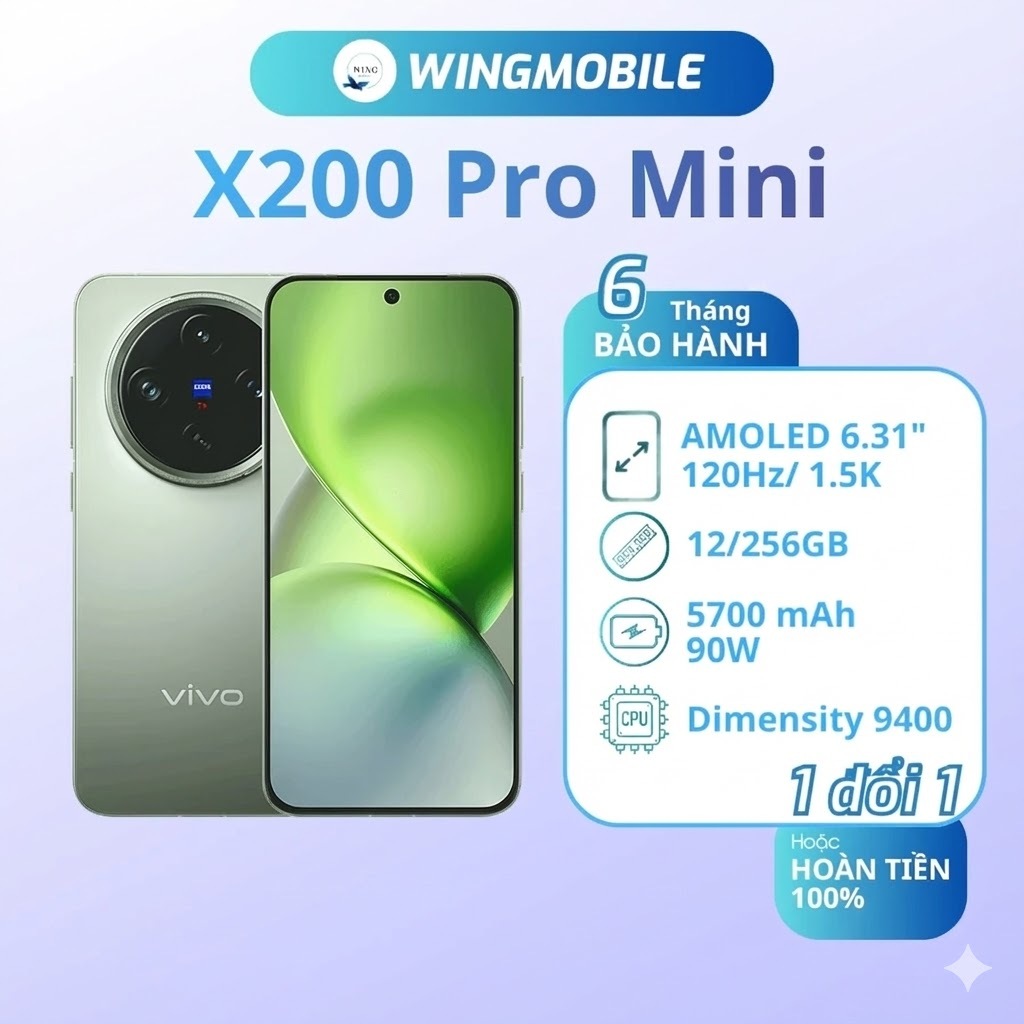 ĐT ViVo X200 PRO MINI, ram12/256G, likenew fullbox, chip Dimensity 9400, camera siêu đẹp, bảo hành 1 đổi 1 - Wingmobile | BigBuy360 - bigbuy360.vn