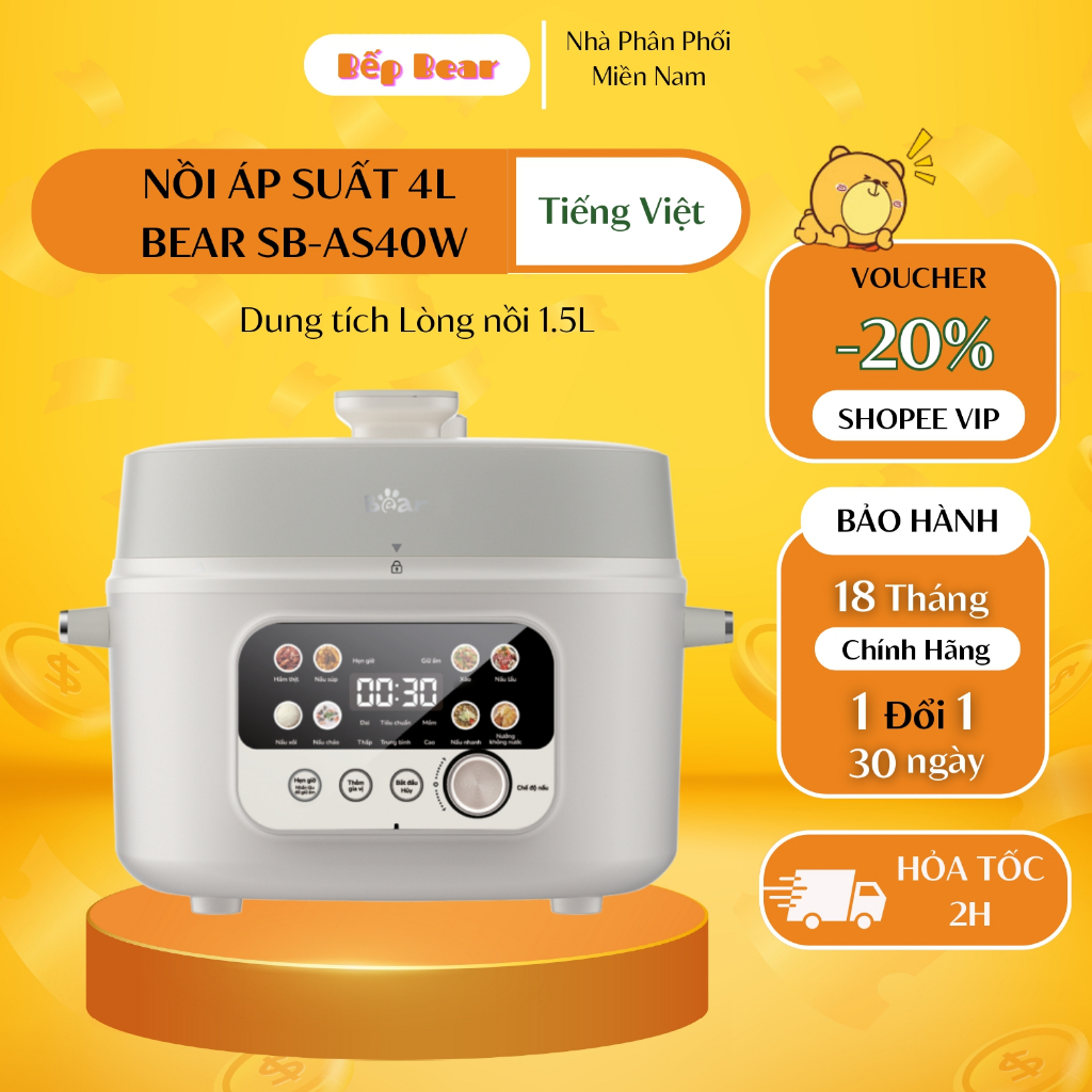 Nồi Áp Suất Điện Đa Năng 4L Bear Nồi Ninh Xương, Hầm Gà, Nấu Cháo SB-AS40W - HÀNG CHÍNH HÃNG