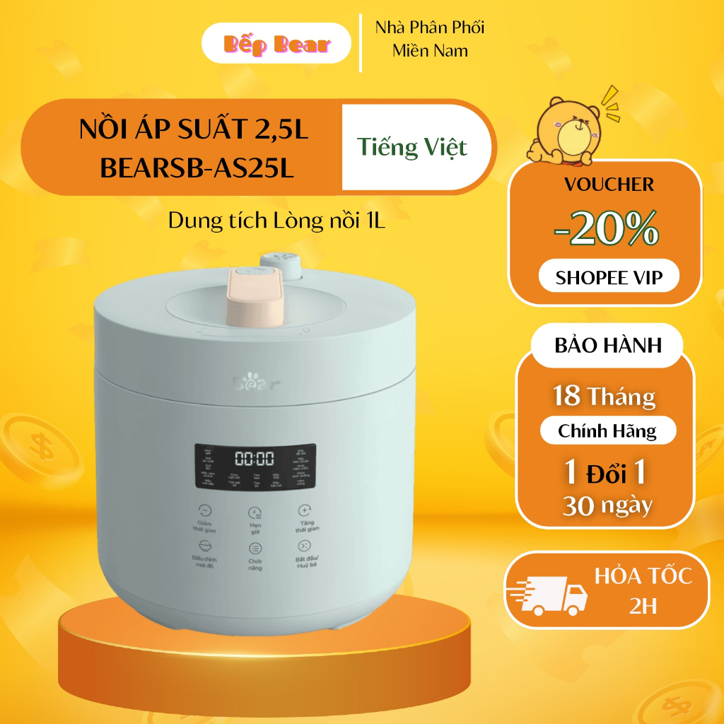  Nồi Áp Suất Điện Bear Mini Cao Cấp Đa Chức Năng 2,5L SB-AS25L Dung tích 2,5L Nấu Cơm Hầm Cháo - Tiếng Việt BH 18 Tháng 