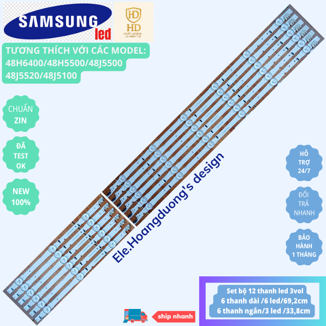 Thanh LED Tivi Samsung 48J5500 48J5520 48J5100 48H5500 48H6400(Bộ 12 Thanh LED 3V - Lưng Đồng Chính 