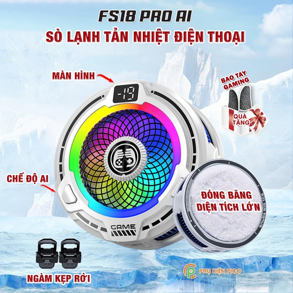 Quạt sò lạnh tản nhiệt điện thoại cao cấp FS18 Pro AI 30W kiểm soát nhiệt thông minh AI Led RGB làm 