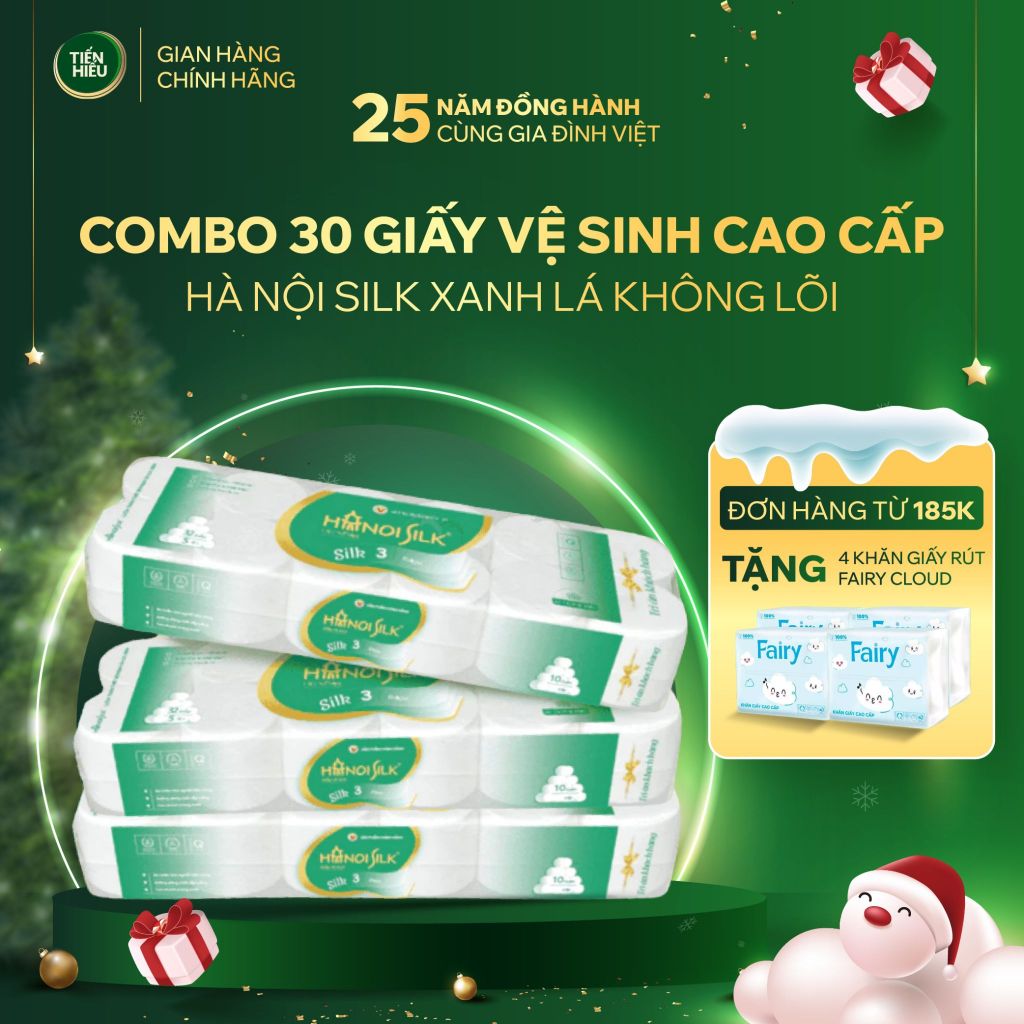 COMBO Giấy Vệ Sinh Hanoi Silk Xanh Lá 3 Lớp Không Lõi 10 Cuộn/Bịch - Tặng Giấy Ăn Rút Fairy Đào 450 