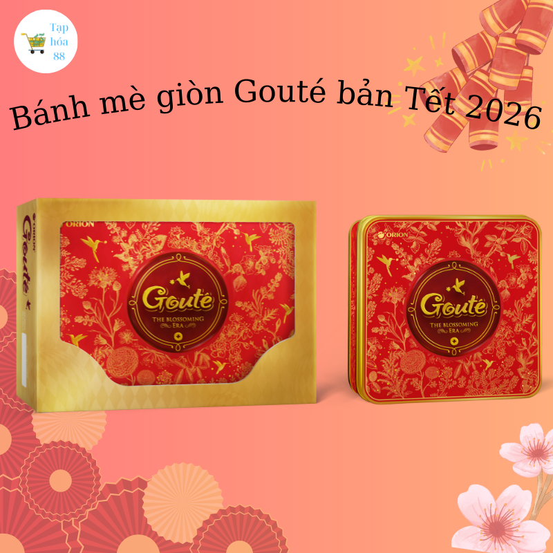 [ Mẫu Tết ] Set quà tặng Bánh mè giòn Goute hộp thiếc hãng Orion - kèm túi xách đỏ sang trọng