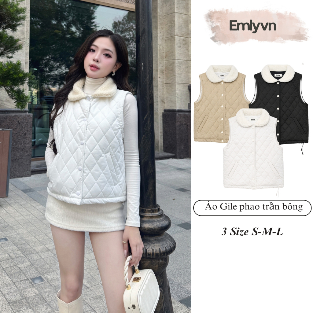 EMLYvn - Áo Gile Phao Nữ Cổ Lông Trần Bông Cao Cấp Áo Khoác Gile Phao Hàn Quốc Mùa Đông 2025 