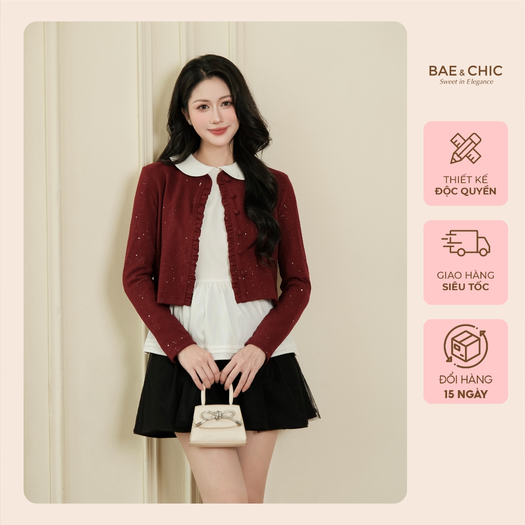 Set áo cardigan dáng ngắn phối sơ mi Bae Chic, áo len viền bèo kèm sơ mi phong cách tiểu thư AB231