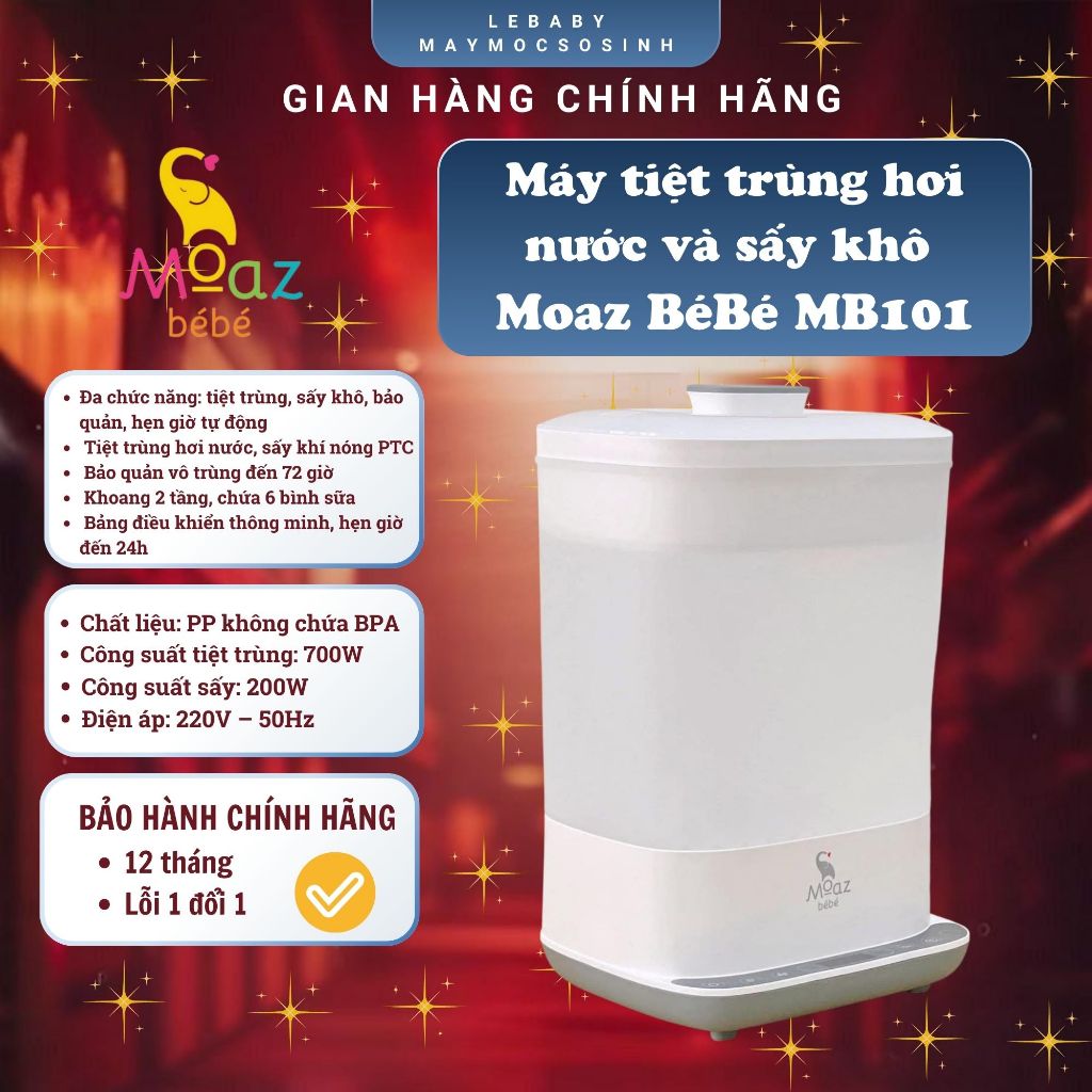 Máy tiệt trùng hơi nước và sấy khô bình sữa Moaz bebe MB101 | Chứa 6 bình + phụ kiện | Bảo hành 12 t