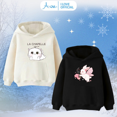 [MỚI] Áo HOODIE Phối Túi Bé Gái AORE, Áo nỉ da cá có mũ in hình Mèo, Thỏ Cute chất mềm mịn, hàng Thu Đông 10-35kg