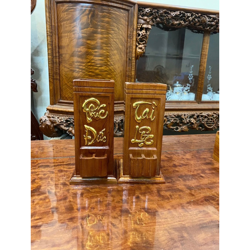 Combo 2 ống Đức nhang Đức phúc+ tài Lộc gỗ tự nhiên cao 27x11cm đựng 1kg nhang