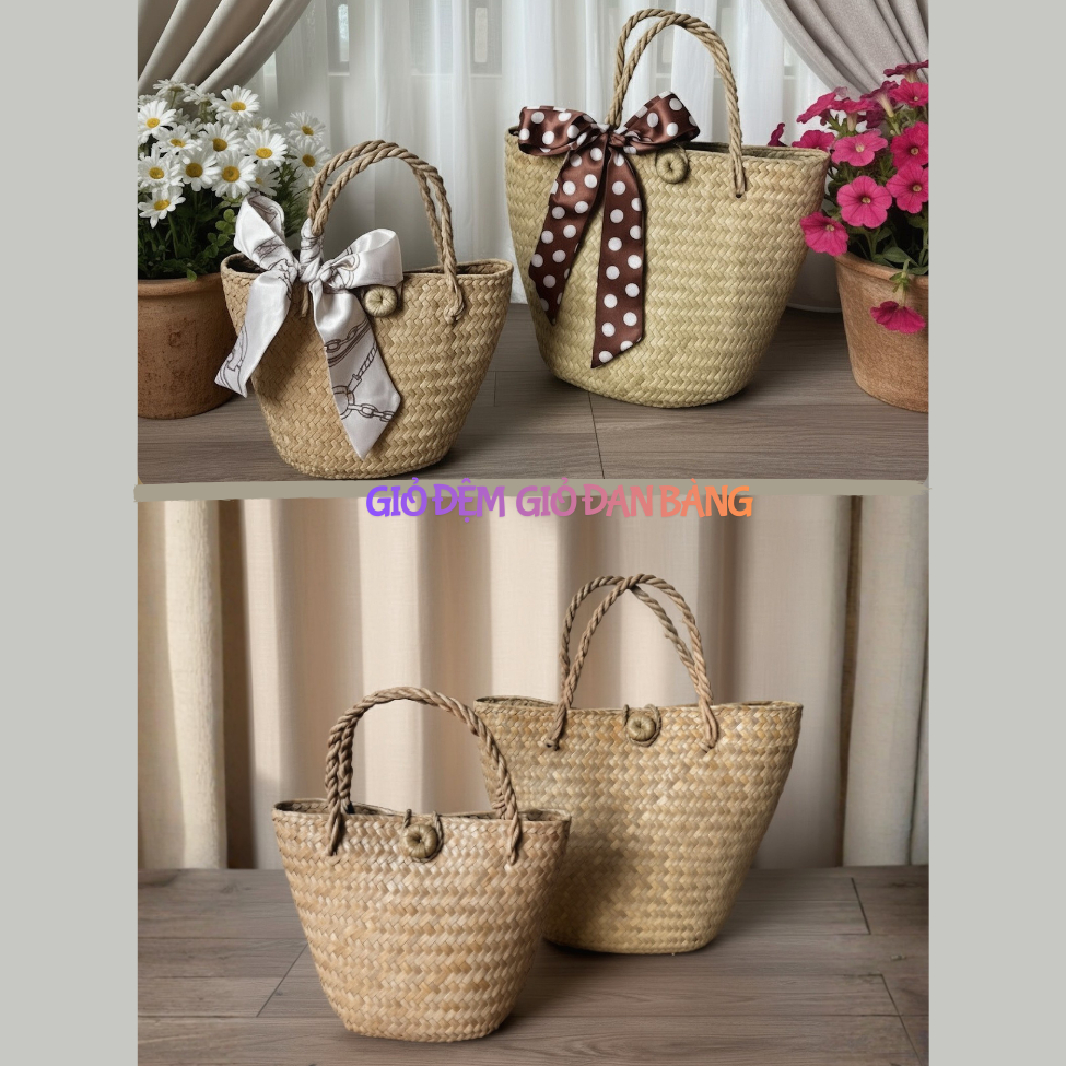 Túi cói cỏ bàng đan thủ công,Giỏ đệm mini, phụ kiện chơi Tết,đi kèm áo bà ba áo dài,chụp ảnh
