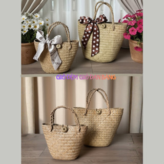 Túi cói cỏ bàng đan thủ công,Giỏ đệm mini, phụ kiện chơi Tết,đi kèm áo bà ba áo dài,chụp ảnh