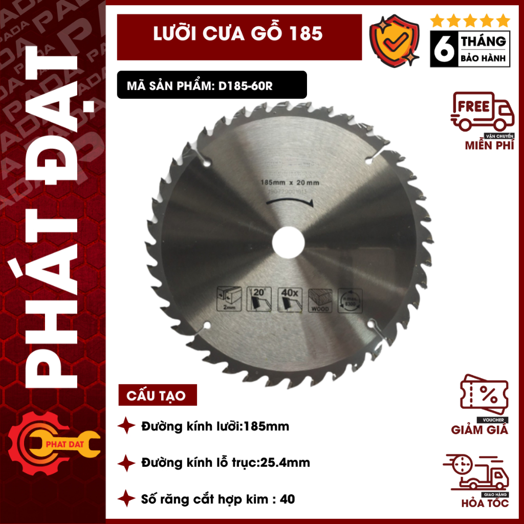 Lưỡi cưa gỗ 185 -60 răng Lưỡi Cắt Gỗ Đường Kính 185mm