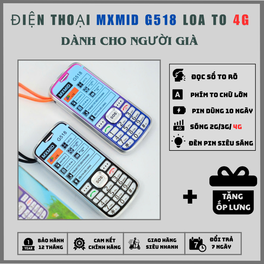Điện Thoại 4G Người Già MXMID G518, Loa To Chữ Lớn Dễ Nhìn, Pin 7 Ngày, Đèn Pin Siêu Sáng, BH 1 Năm