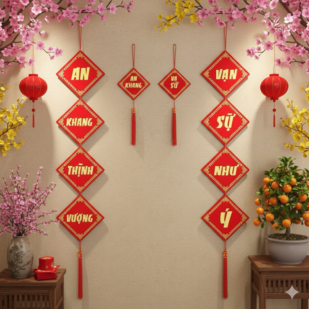 Dây treo nhung đỏ TL11 4 chữ trang trí tết