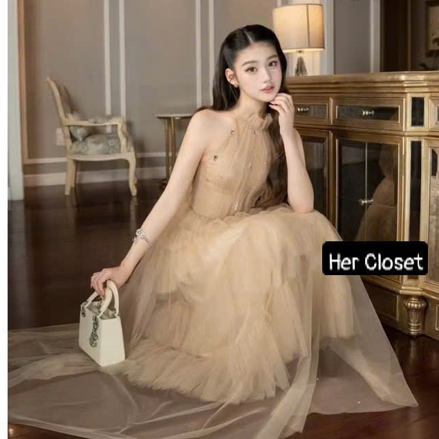 [VÁY THIẾT KẾ] Váy cổ yếm đính đá dáng dài đầm cổ yếm đính đá dáng dài váy maxi đầm maxi sang chảnh 