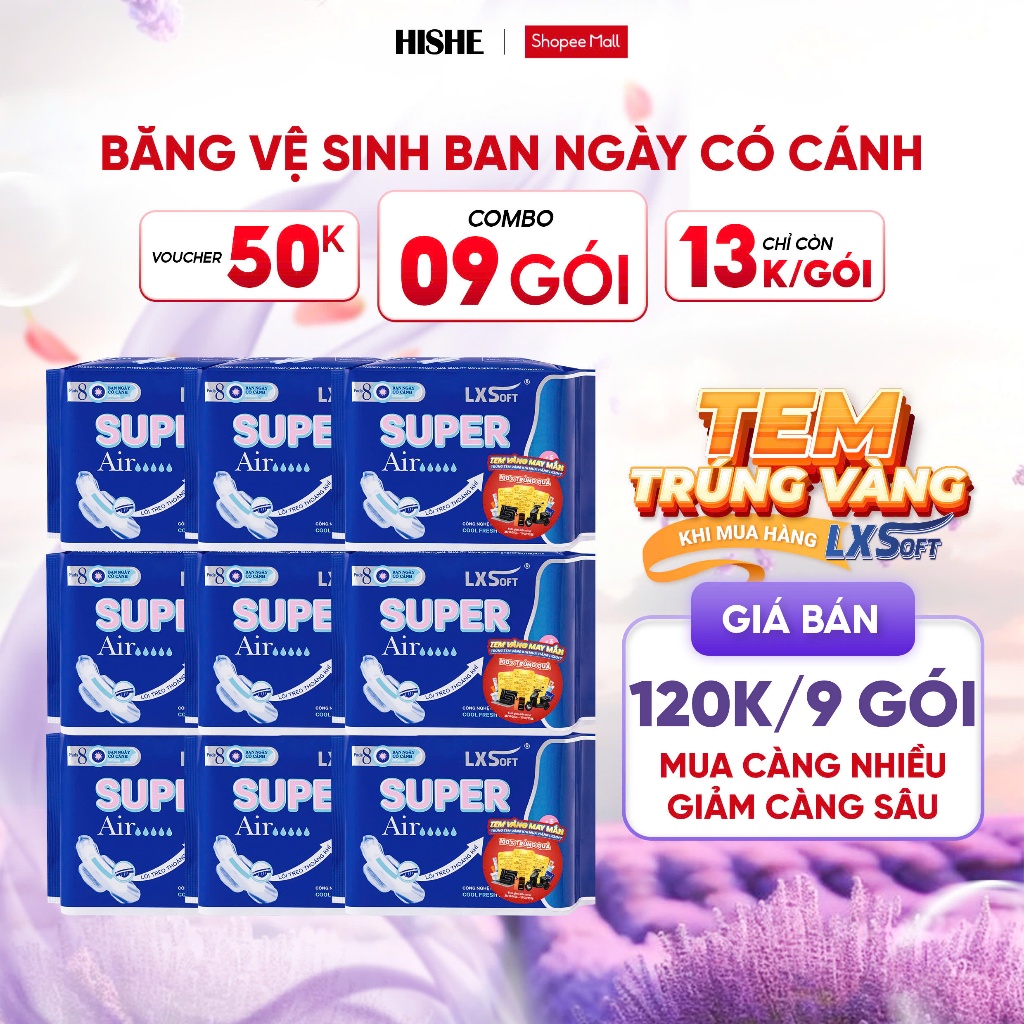 Combo 9 gói băng vệ sinh Lxsoft Super Air Siêu mềm mỏng 1mm, Siêu thấm, bạc hà không lộ mùi