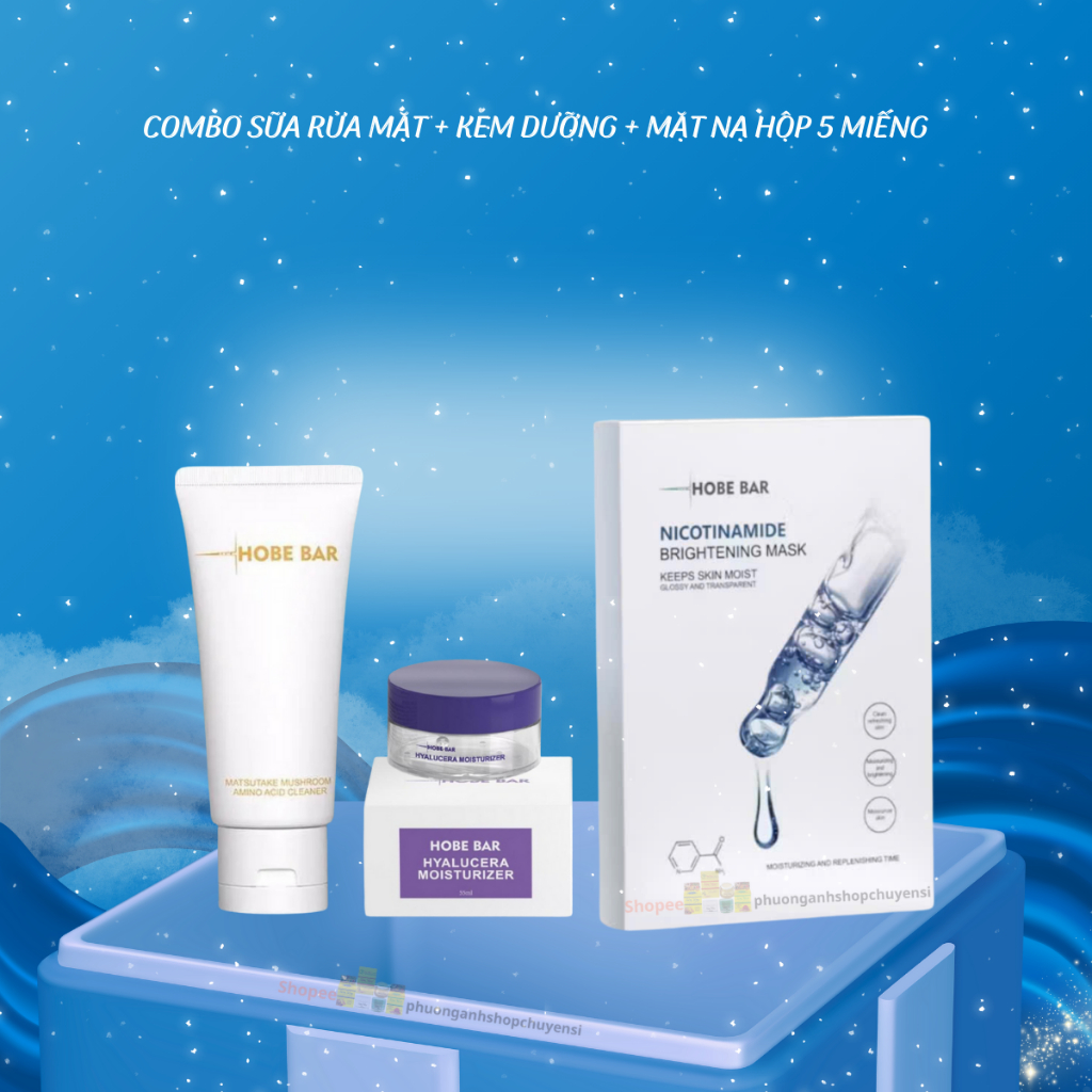 Hobebar - Combo Sữa rửa mặt + kem dưỡng + hộp mặt nạ 5 miếng hobebar